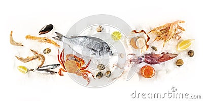 Fish and seafood variety, a flat lay overhead panorama on a white background Stock Photo