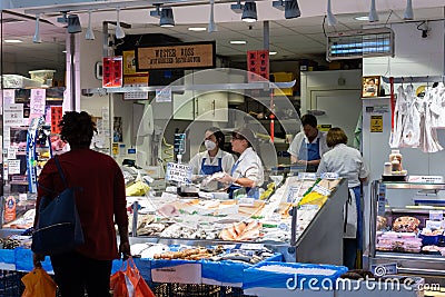 Fish seller at The Moor Market in Sheffield UK Editorial Stock Photo