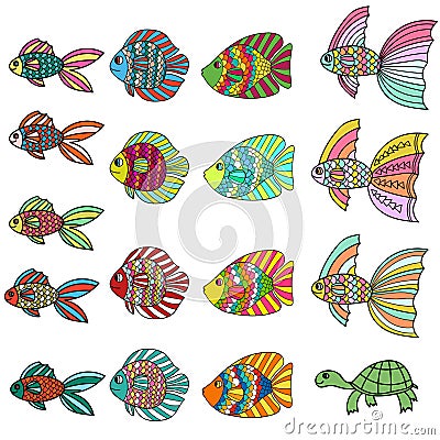 Colorful cute cartoon doodle fish set. Hand drawn thin line tropical aquarium fish and turtle icon collection isolated on white Vector Illustration