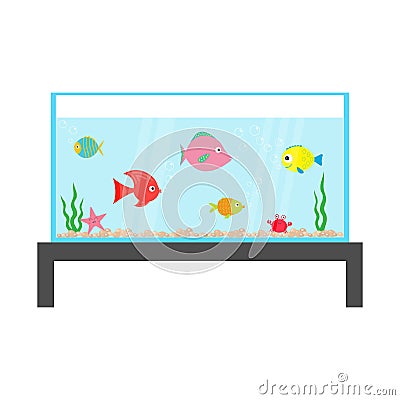 Fish set swimming at aquarium. Star, crab, seaweed, stones, bubbles, water waves. Vector Illustration