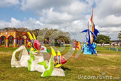 Fish shaped lights for Nusa Dua light festival. Ocean world theme. Day time. Nusa Dua, Badung, Bali, Indonesia. Editorial Stock Photo