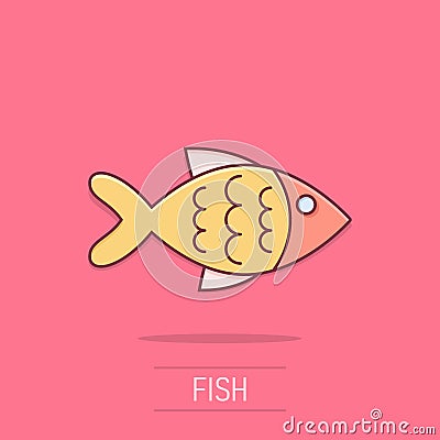Fish sign icon in comic style. Goldfish vector cartoon illustration on isolated background. Seafood business concept splash effect Vector Illustration