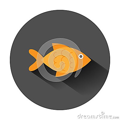 Fish sign icon in flat style. Goldfish vector illustration on black round background with long shadow. Seafood business concept Vector Illustration