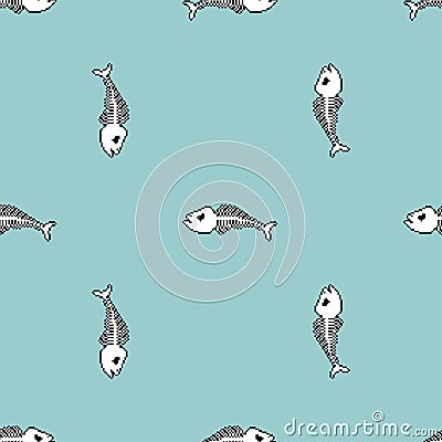 Fish skeleton pixel art pattern seamless. 8 bit Fish skull background. pixelated Vector texture Vector Illustration