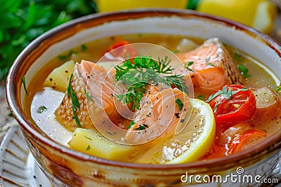 Fish Soup, Bouillabaisse, Cullen Skink, Ukha or Solyanka with Salmon, Trout or Tuna Fillet, Fish Broth Stock Photo