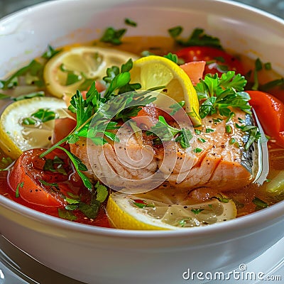 Fish Soup, Bouillabaisse, Cullen Skink, Ukha or Solyanka with Salmon, Trout or Tuna Fillet, Fish Broth Stock Photo