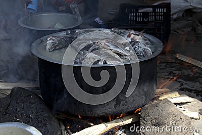 The fish-soup in caldron Stock Photo