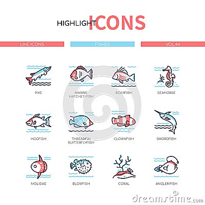 Fish species - modern line design style icons set Vector Illustration