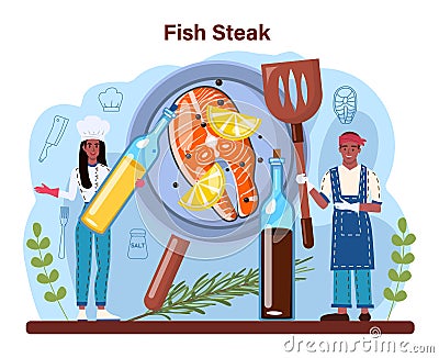 Fish steak. Chef cooking grilled salmon or tuna steak Vector Illustration