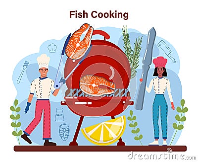 Fish steak. Chef cooking grilled salmon or tuna steak Vector Illustration