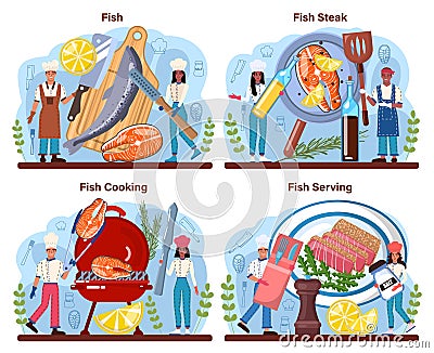 Fish steak set. Chef cooking grilled salmon or tuna steak Vector Illustration