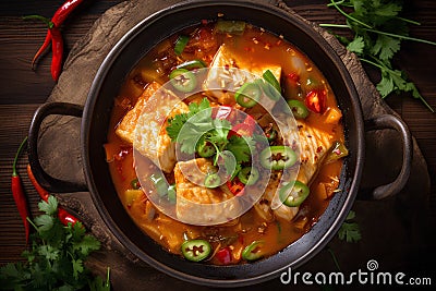 Fish stew with vegetables in a pan on a wooden background. Top view Stock Photo