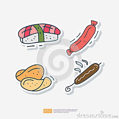 fish sushi, beef sausage, salty potato chips, grill sausage doodle icon. Fast food Cute doodle. Cuisine and drink Sticker Set Vector Illustration