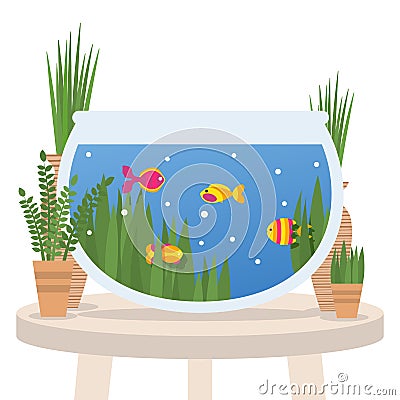 Fish swimming in a tabletop aquarium, flat style vector illustration. Interior design, aquatic pets for home or office Vector Illustration