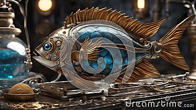 fish on the table steampunk A close up view of a steampunk tropical fish, with gold scales, silver fins, Stock Photo
