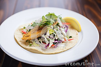 fish taco with cabbage slaw and white sauce on a corn tortilla Stock Photo