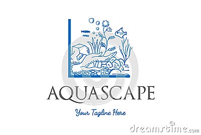 Fish Tank with Rock Coral Wood and Algae for Aquarium Aquascape Logo Design Vector Illustration