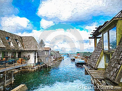 Fish Town Michigan Impressionistic Painting Stock Photo