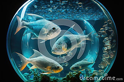 fish in transparent globes and containers on blue planet of future aquarium fish in space Stock Photo