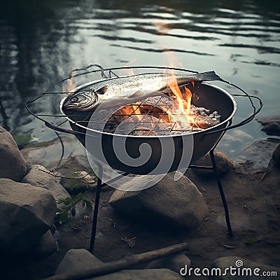 fish on a tripod over a crackling campfire Stock Photo
