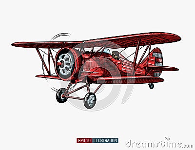 Hand drawn retro airplane. Realistic vintage biplane isolated. Engraved style vector illustration. Vector Illustration