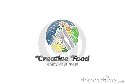 Fish and Vegetables on Plate Logo. Circle Diet Food Logotype Vector Illustration