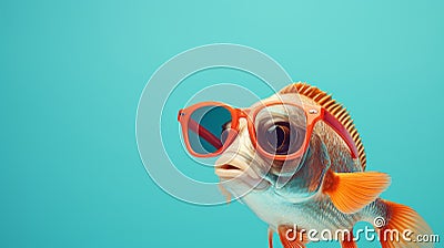 Retro Glamor: Fish Wearing Sunglasses On Blue Background Stock Photo