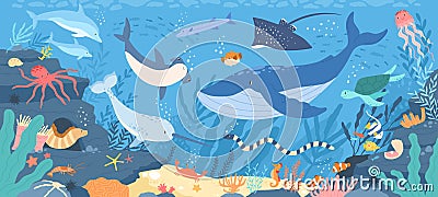 Fish and wild marine animals in ocean. Sea world dwellers, cute underwater creatures, coral reef inhabitants in their Vector Illustration