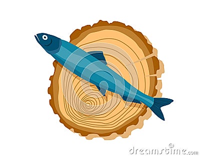 Fish on wooden board. Kitchen cutting board with healthy meal meat. Foodstuff in cartoon style. Concept organic wild Vector Illustration