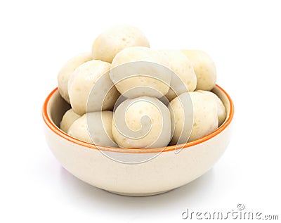 Fishballs in ceramic bowl on white background. Stock Photo