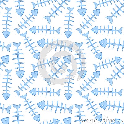 Fishbone. Watercolor seamless pattern Cartoon Illustration