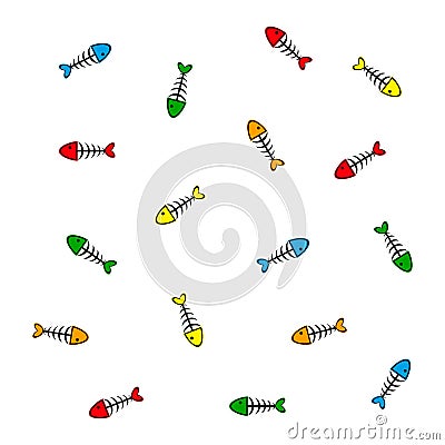 Fishbones seamless colorfull pattern in flat style on white background. Fish skeleton background. Fish bones background. Colorfull Vector Illustration