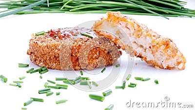 Fishcakes with sweet chilli sauce and chives Stock Photo