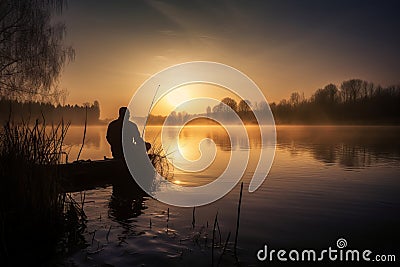 Fisher angler, fishing on foggy sunrise. Ai generated art Stock Photo