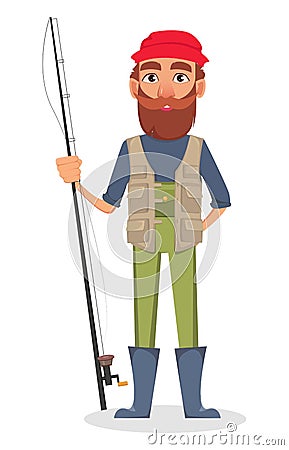 Handsome fisher, cheerful cartoon character Vector Illustration