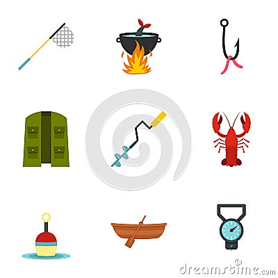 Fisher icons set, flat style Vector Illustration