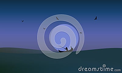 Fisher man catching fishes in the mid night Vector Illustration