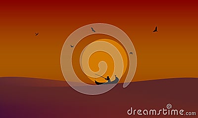 Fisher man catching fishes in the sunset Vector Illustration