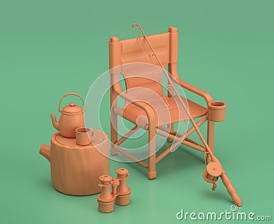 Fisher seat, folding chair and fishing pole. Isometric camping object and scene, monochrome yellow camping equipment on green Stock Photo