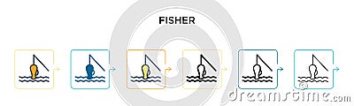 Fisher vector icon in 6 different modern styles. Black, two colored fisher icons designed in filled, outline, line and stroke Vector Illustration