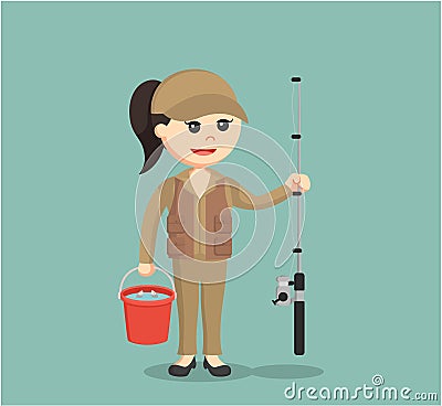 Fisher woman standing with bucket and fishing rod Vector Illustration