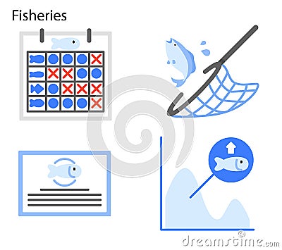 Fisheries management icon set Stock Photo