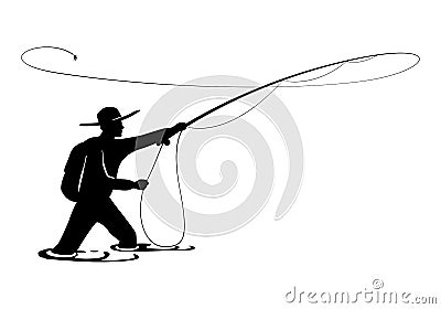 Fisherman in action. Guy is throwing spoon of fly rod in water and holding part of it in hand Vector Illustration