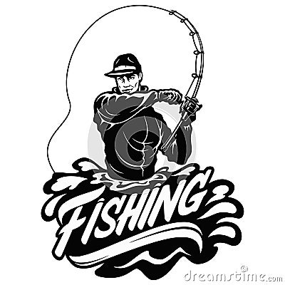 Fisherman in action. Guy is throwing spoon of fly rod in water and holding part of it in hand. Vector Illustration