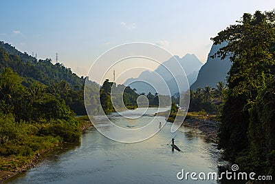 Fisherman on bamboo rafts Stock Photo