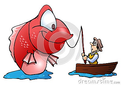 fisherman on boat catch monster fish Cartoon Illustration