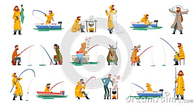 Fisherman with Boat in Coat Capturing and Angling with Fishing Rod Vector Set Vector Illustration