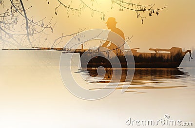 Fisherman in the boat in the double exposure technique Stock Photo