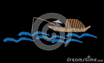 A fisherman is in a boat fishes embroidery stitches imitation Vector Illustration