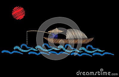 A fisherman is in a boat fishes with red sun embroidery stitches Vector Illustration